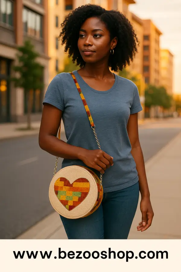 Sac Bandoulière Ronde – "Cœur Kente"