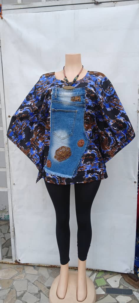 Haut en pagne à poches jeans bleu marron