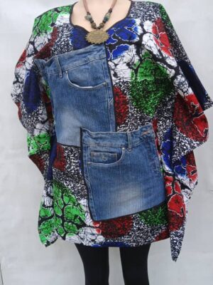 Haut en pagne à poches jeans rouge bleu