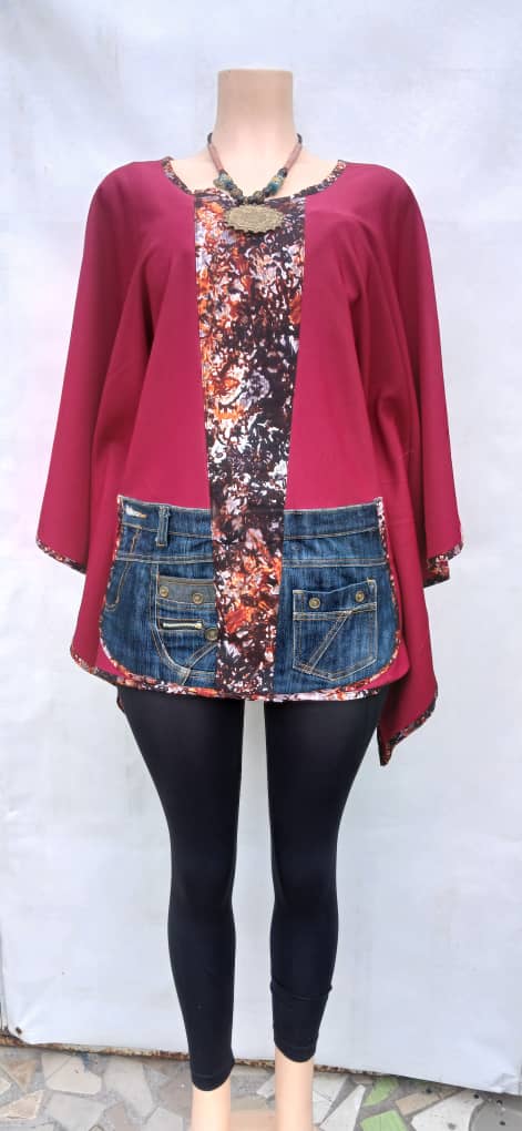 Haut en pagne à poches jeans rouge bordeaux