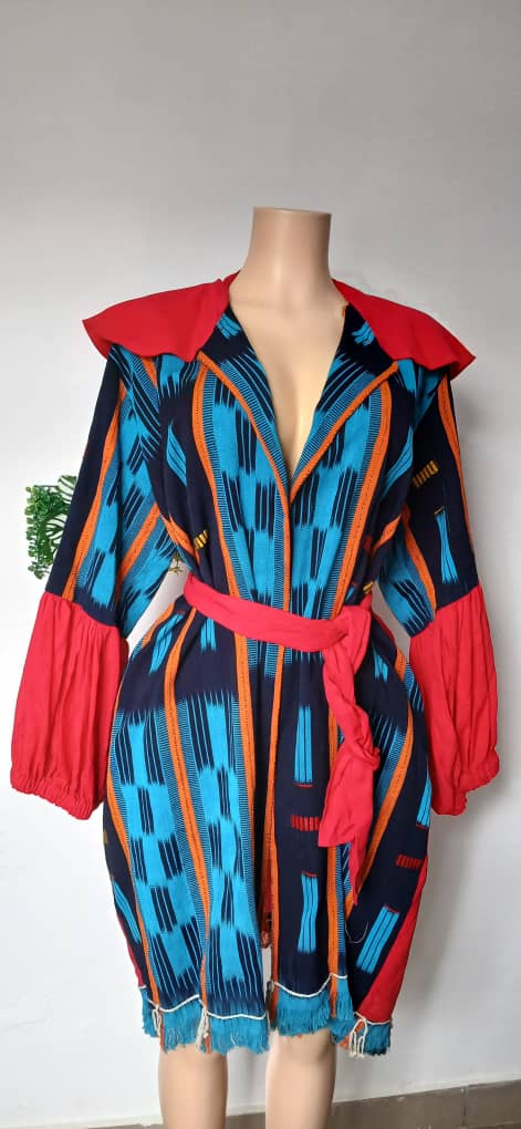 Cardigan Robe en pagne traditionnel & Lin Rouge